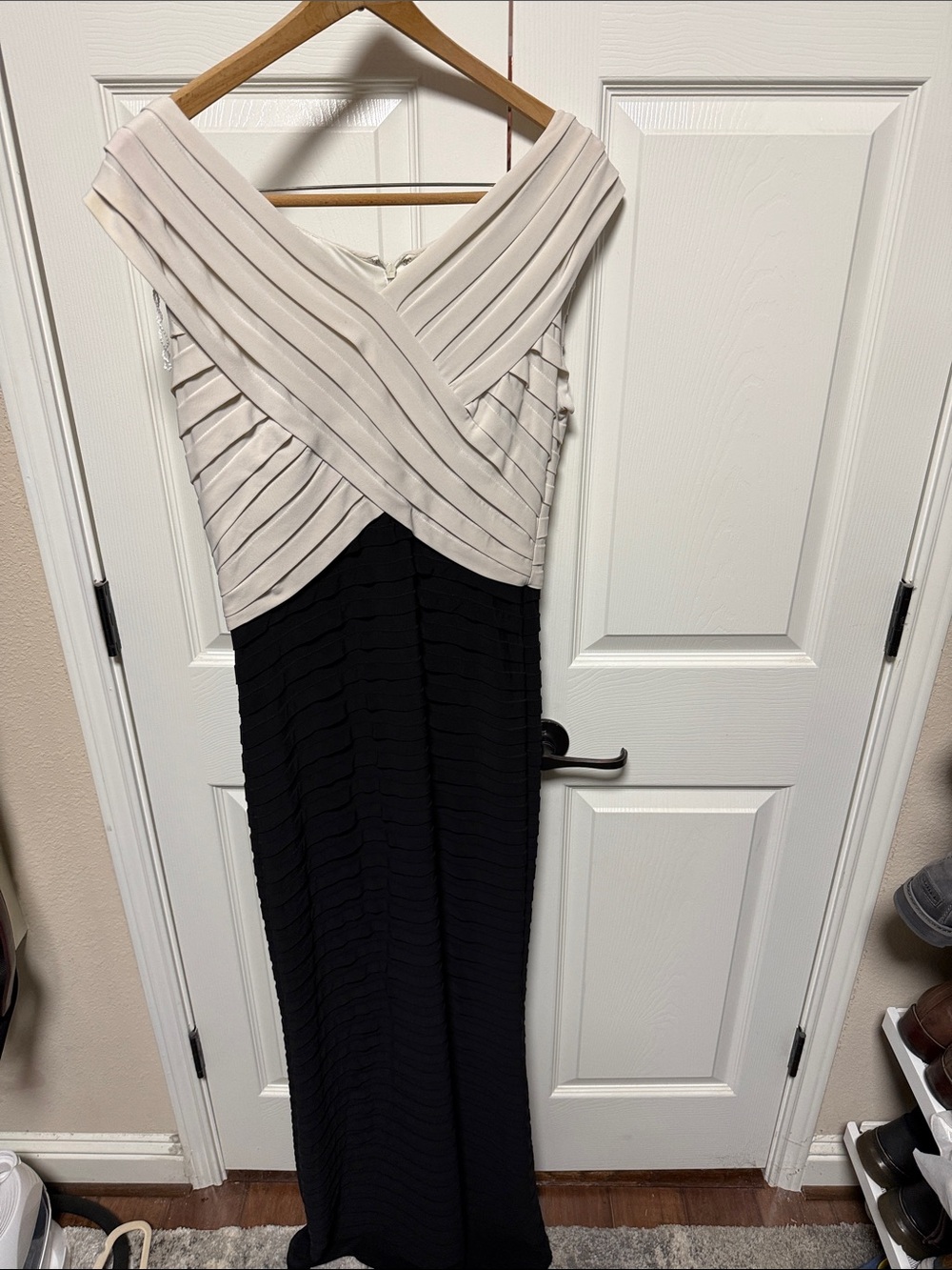 Adrianna Papell Ivory and Black Pleated Crossover Maxi Dress
